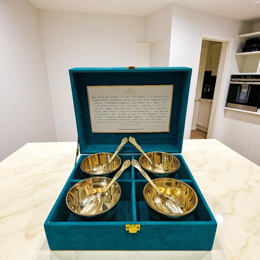 Tamas Brass Ice Cream Bowl Set of 4 Dessert Bowls with Spoons & Gift Box